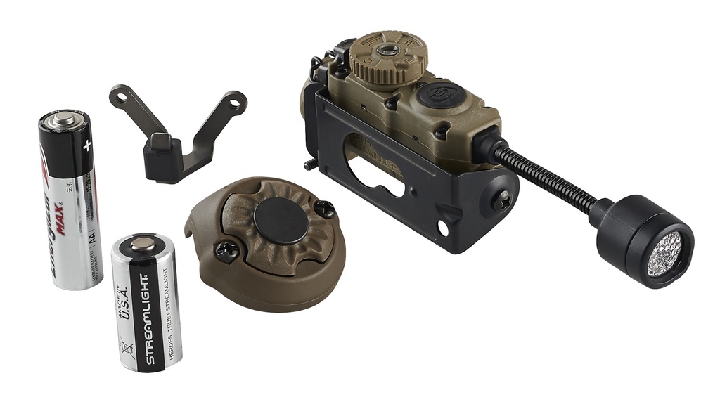 Streamlight Sidewinder Stalk - Includes Helmet Clip (attached to light), E-Mount, (1) CR123A & "AA" Alkaline battery - Mailer - Coyote